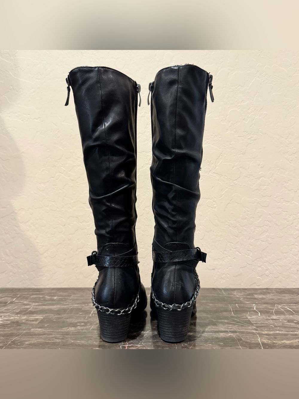 Spring Step Faux Leather Chain Belted Moto Riding Boots - Picture 9 of 12